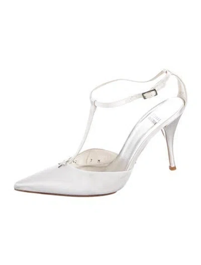 Pre-owned Stuart Weitzman Satin Crystal Embellishments T-strap Pumps In White