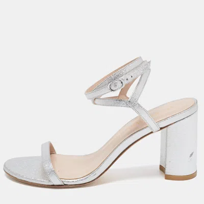 Pre-owned Stuart Weitzman Silver Leather Ankle Wrap Sandals Size 38.5