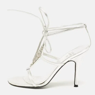 Stuart Weitzman Silver Leather Crystal Embellished Ankle Strap Sandals In White