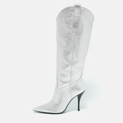 Pre-owned Stuart Weitzman Silver Leather Outwest Boots Size 38