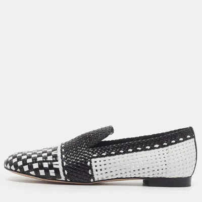 Pre-owned Stuart Weitzman Size 36.5 Black/white Woven Leather Smoking Slippers