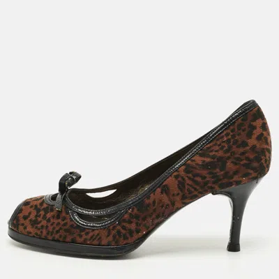 Pre-owned Stuart Weitzman Size 36.5 Brown Leopard Print Suede And Leather Peep Toe Pumps
