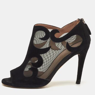 Pre-owned Stuart Weitzman Size 37 Black Suede And Mesh Open Toe Ankle Booties