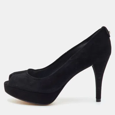 Pre-owned Stuart Weitzman Size 37 Black Suede Platform Peep Toe Pumps