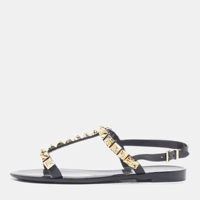 Pre-owned Stuart Weitzman Size 38.5 Black Jelly Thong Flat Sandals