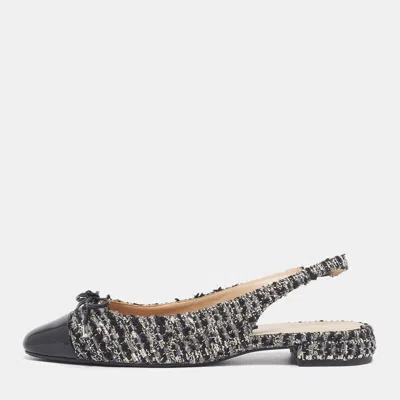 Pre-owned Stuart Weitzman Size 38.5 Black/silver Patent Leather And Tweed Slingback Flats