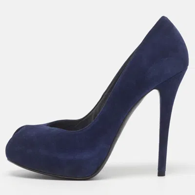 Pre-owned Stuart Weitzman Size 40.5 Navy Blue Suede Platform Peep Toe Pumps