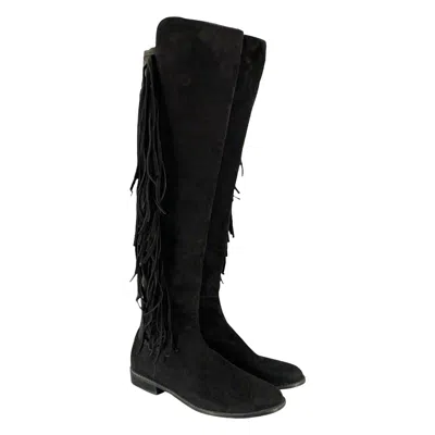 Pre-owned Stuart Weitzman Size 7.5 Black Nylon Suede Fringe Pull On Boots