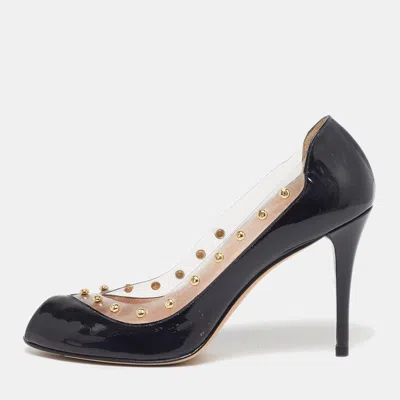 Pre-owned Stuart Weitzman Size Studded 39.5 Black Patent Leather And Pvc Peep Toe Pumps