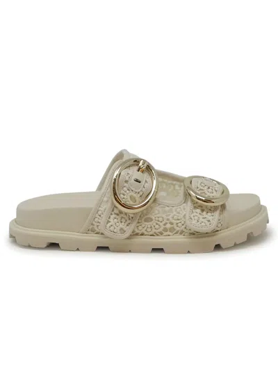 Stuart Weitzman Sk758 Ivory Lace Benni Sport Slide Sandals In Neutral