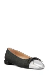 Stuart Weitzman Sleek Cap Toe Bow Flat In Black/silver Leather