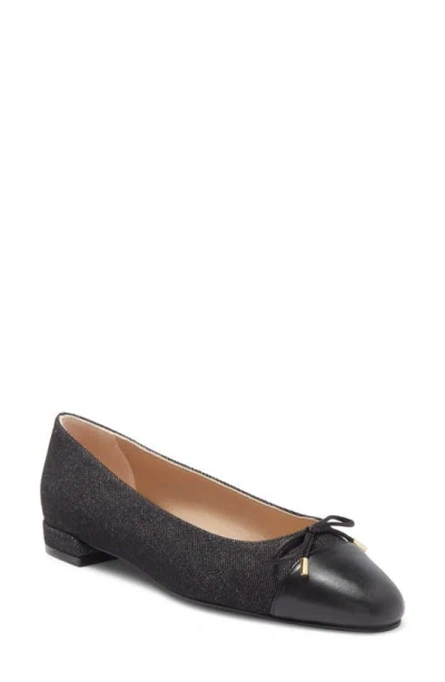 Stuart Weitzman Sleek Cap Toe Bow Flat In Black/black