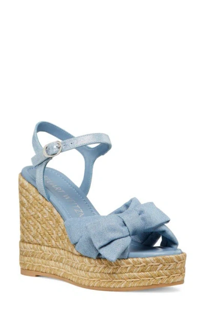 Stuart Weitzman Sofia Denim Bow Wedge Espadrille Sandals In Silver