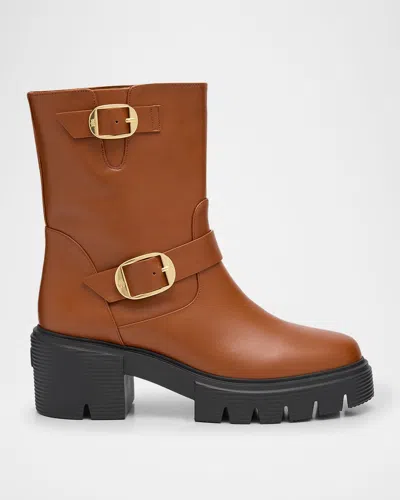 Stuart Weitzman Soho Calfskin Buckle Moto Booties In Bridle Brown