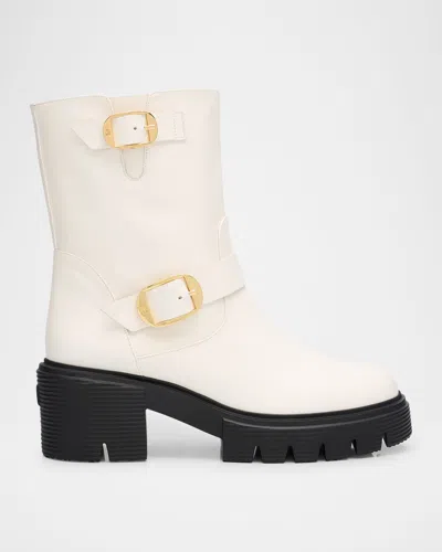Stuart Weitzman Soho Calfskin Buckle Moto Booties In Cream