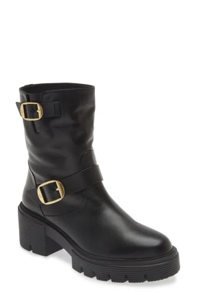 Stuart Weitzman Soho Moto Bootie In Black Smooth Calf