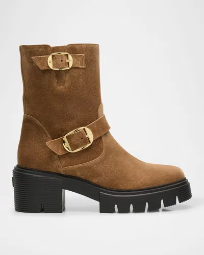 Stuart Weitzman Soho Suede Buckle Moto Booties In Khaki