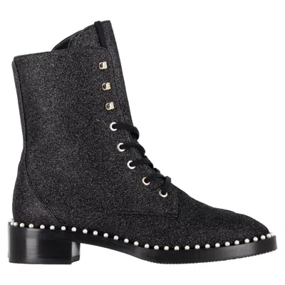 Stuart Weitzman Sondra Pearl-embellished Combat Boots In Black Glitter