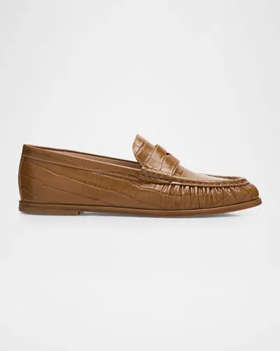 Stuart Weitzman Spencer Croc-embossed Leather Penny Loafers In Brown