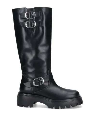 Stuart Weitzman 'emerson' Black Chunky Sole Boots With Logo