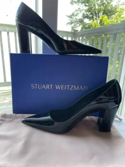 Pre-owned Stuart Weitzman Stuart 85 Black Patent Leather Block Heel Point Toe Pump 9m