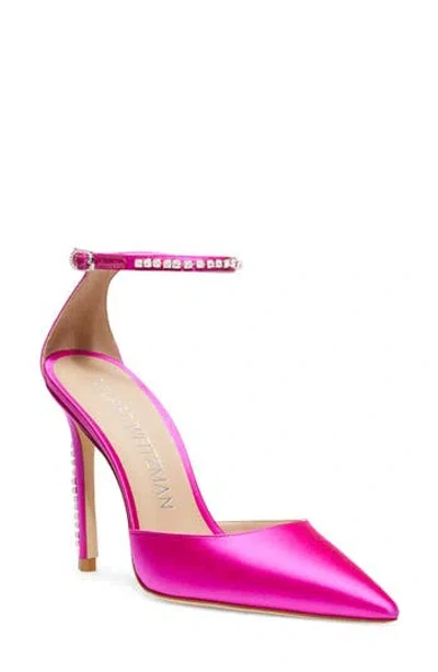 Stuart Weitzman Stuart Glam100 Pointed Toe Ankle Strap Pump In Flamingo/clear