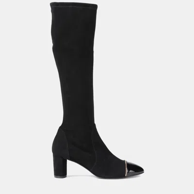 Pre-owned Stuart Weitzman Suede And Patent Leather Knee Length Boots Size 40.5 In Black