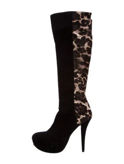 Pre-owned Stuart Weitzman Suede Animal Print Boots In Black