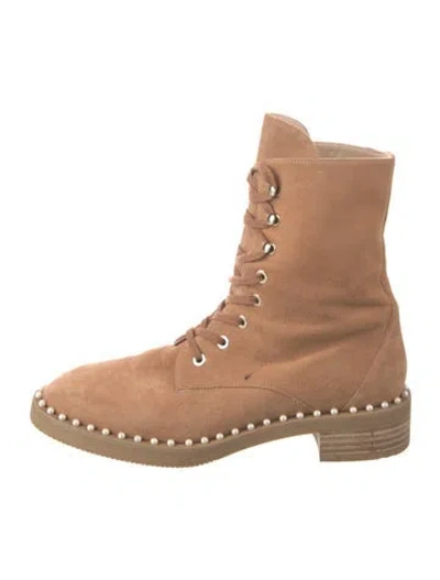 Pre-owned Stuart Weitzman Suede Beaded Accents Combat Boots In Brown