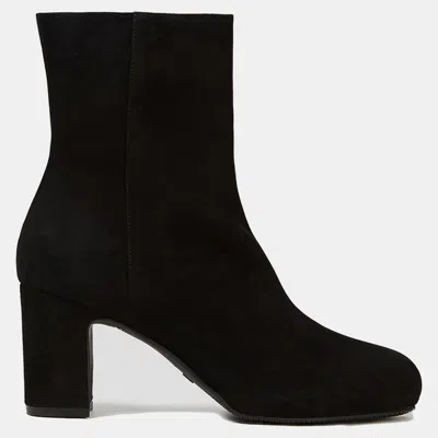 Pre-owned Stuart Weitzman Suede Block Heel Ankle Boots Size 36.5 In Black