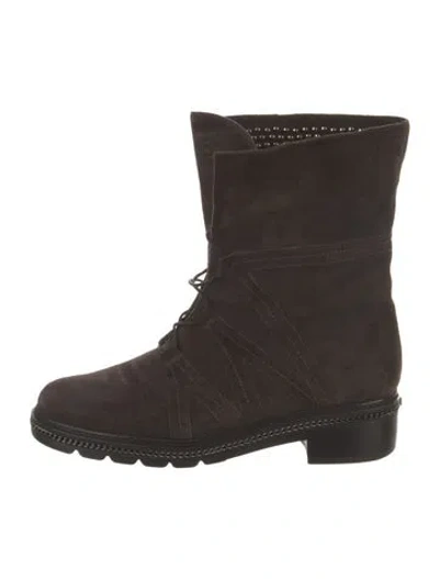 Pre-owned Stuart Weitzman Suede Chain-link Accents Combat Boots In Gray
