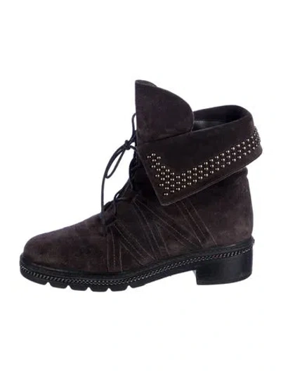 Pre-owned Stuart Weitzman Suede Chain-link Accents Lace-up Boots In Brown