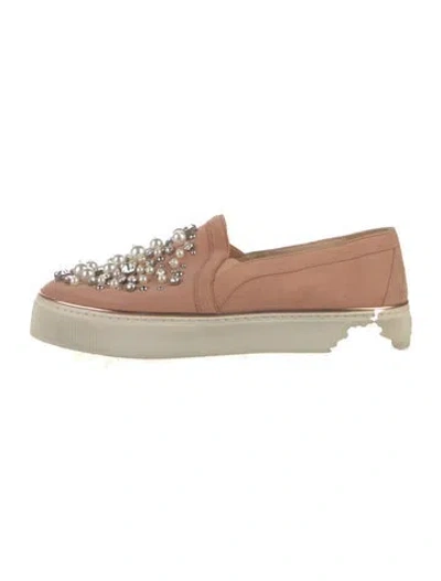 Pre-owned Stuart Weitzman Suede Crystal Embellishments Loafers In Neutral