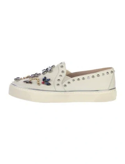 Pre-owned Stuart Weitzman Suede Crystal Embellishments Loafers In White