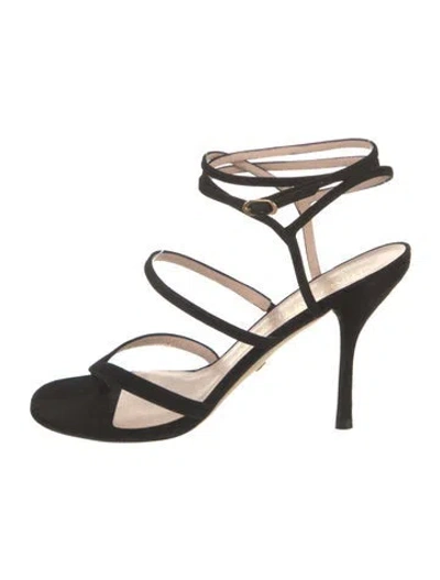 Pre-owned Stuart Weitzman Suede Crystal Embellishments Sandals In Black