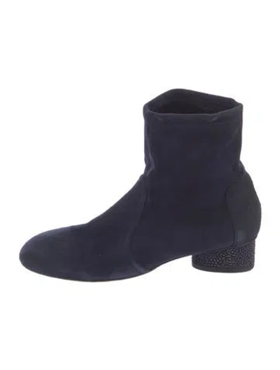 Pre-owned Stuart Weitzman Suede Crystal Embellishments Sock Boots In Blue