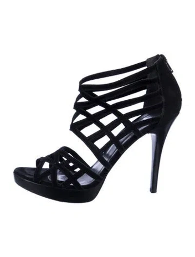 Pre-owned Stuart Weitzman Suede Cutout Accent Slingback Sandals In Black