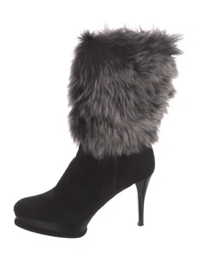 Pre-owned Stuart Weitzman Suede Faux Fur Trim Boots In Black