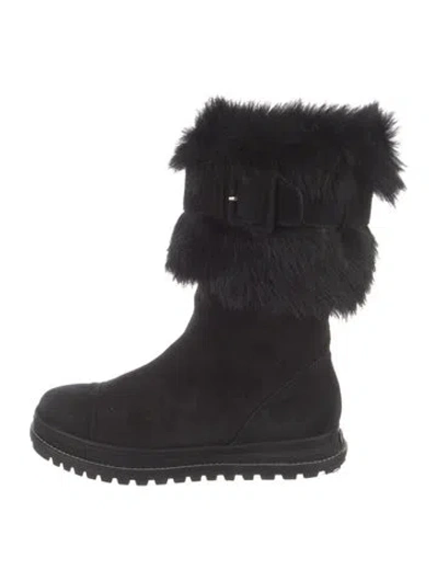 Pre-owned Stuart Weitzman Suede Faux Fur Trim Boots In Black