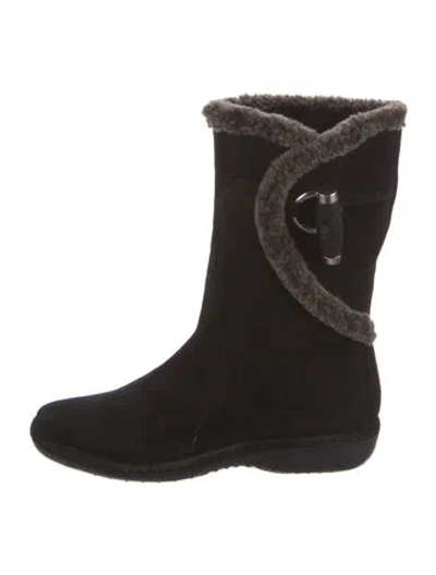 Pre-owned Stuart Weitzman Suede Faux Fur Trim Boots In Black