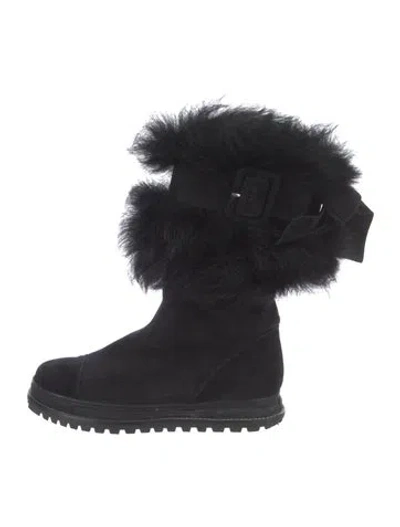 Pre-owned Stuart Weitzman Suede Faux Fur Trim Boots In Black
