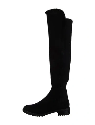 Pre-owned Stuart Weitzman Suede Faux Fur Trim Boots In Black