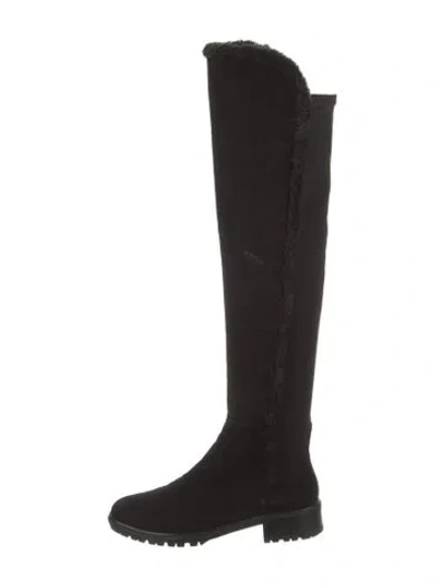 Pre-owned Stuart Weitzman Suede Faux Fur Trim Boots In Black