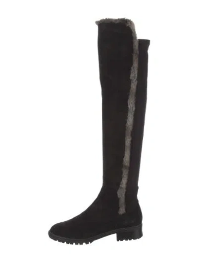 Pre-owned Stuart Weitzman Suede Faux Fur Trim Boots In Black