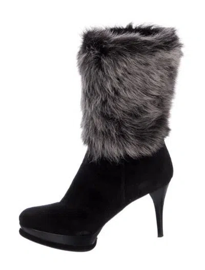 Pre-owned Stuart Weitzman Suede Faux Fur Trim Boots In Black