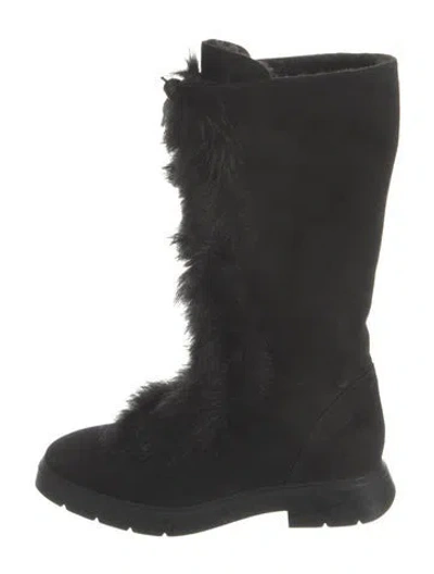 Pre-owned Stuart Weitzman Suede Faux Fur Trim Boots In Black