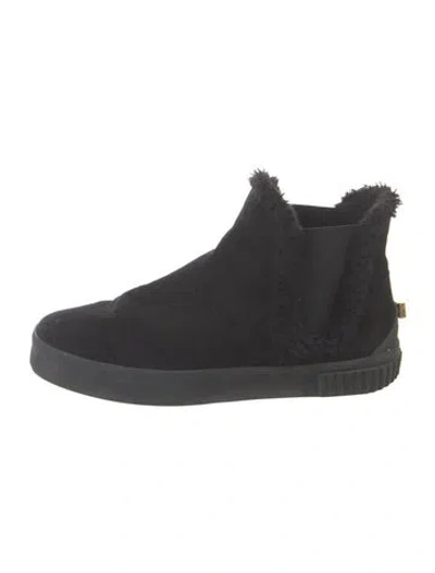 Pre-owned Stuart Weitzman Suede Faux Fur Trim Chelsea Boots In Black