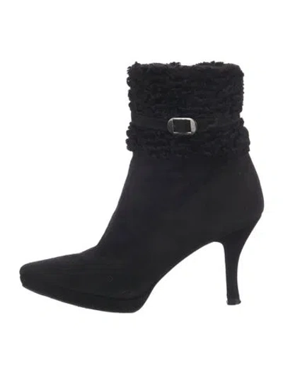 Pre-owned Stuart Weitzman Suede Faux Fur Trim Chelsea Boots In Black