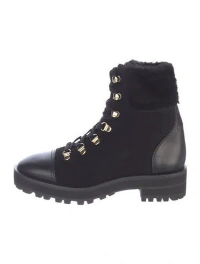 Pre-owned Stuart Weitzman Suede Faux Fur Trim Combat Boots In Black
