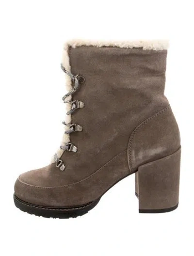 Pre-owned Stuart Weitzman Suede Faux Fur Trim Lace-up Boots In Brown